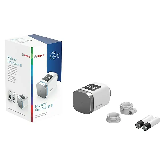 Bosch Smart Home Heizkörper-Thermostat II - M30 x 1,5 mm - Das Bild zeigt ein Bosch Heizkörperthermostat II Set, inklusive Verpackung, Thermostat, Batterien und Montagezubehör.