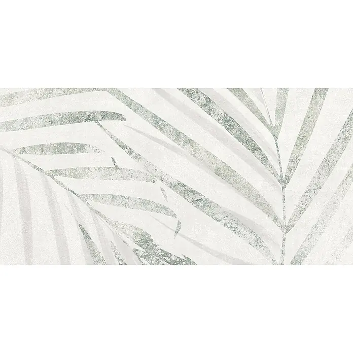 Domicil Wandfliese Living Concrete Goldfruit - 30 x 60 cm, Hellgrün/Weiß, Matt - Abstraktes Muster mit weißen und grauen Palmenblättern, ideal für moderne Wandgestaltung und Dekoration. Die dezente Farbgebung sorgt für Eleganz.