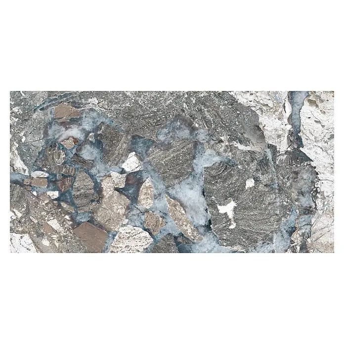 Domicil Wandfliese Stone Art Landscape - 30 x 60 cm, Blau/Grau/Beige, Glänzend - Nahaufnahme einer polierten Granitplatte mit einer faszinierenden Mischung aus Grau-, Weiß- und Blautönen, die ein einzigartiges Muster erzeugen.