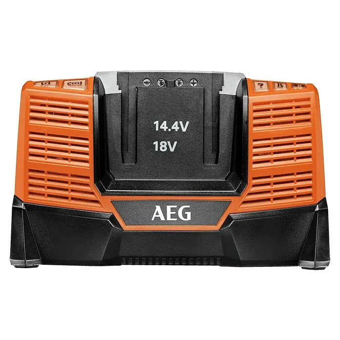 AEG Powertools Ladegerät BL1418 - Passend für: AEG Powertools Akkus 14,4 - 18 V - AEG-Ladegerät für 14,4V und 18V Akkus. Das Ladegerät ist orange und schwarz und trägt das AEG-Logo.
