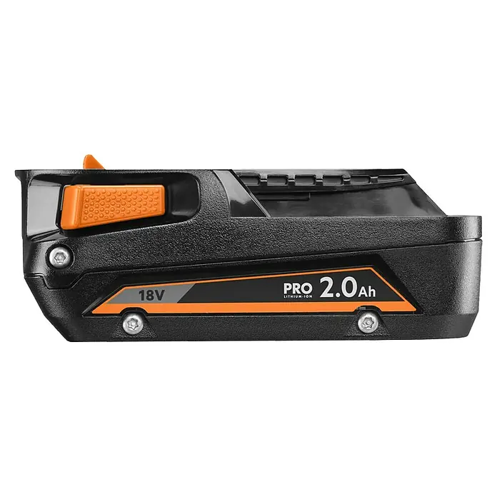 AEG Pro 18V Akku L1820S - 18 V, 2 Ah - Nahaufnahme eines schwarzen 18V Pro 2.0Ah Lithium-Ionen-Akkus mit orangen Akzenten, der für Elektrowerkzeuge verwendet wird.