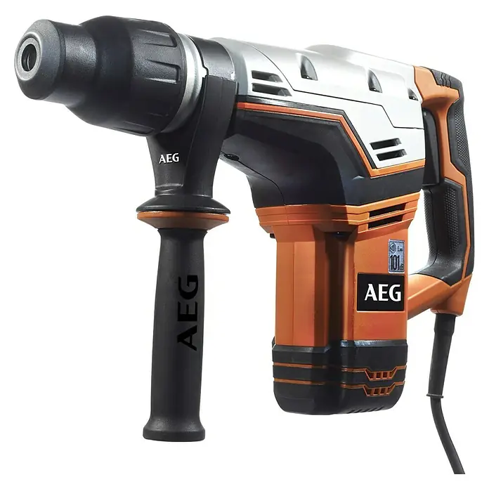 AEG Powertools Abbruchhammer MH 5 G - 1.100 W, 7,5 J, SDS-Max-Aufnahme - AEG Bohrhammer mit silbernem Gehäuse, orangefarbenen Akzenten und schwarzem Griff für professionelle Bohrarbeiten.