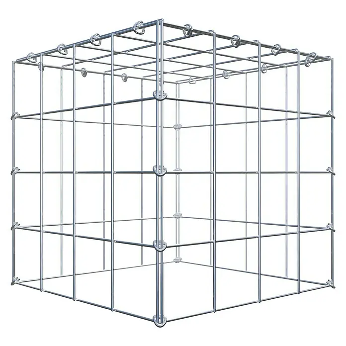 Gabiona Gabione Typ 3 - Zum Anbau in der Höhe, 40 x 40 x 40 cm, Stahl, Maschenbreite: 100 mm, Maschenhöhe: 100 mm, C-Ring - Ein dreidimensionaler Drahtwürfel auf schwarzem Hintergrund, der die Struktur und das Design des Produkts hervorhebt.