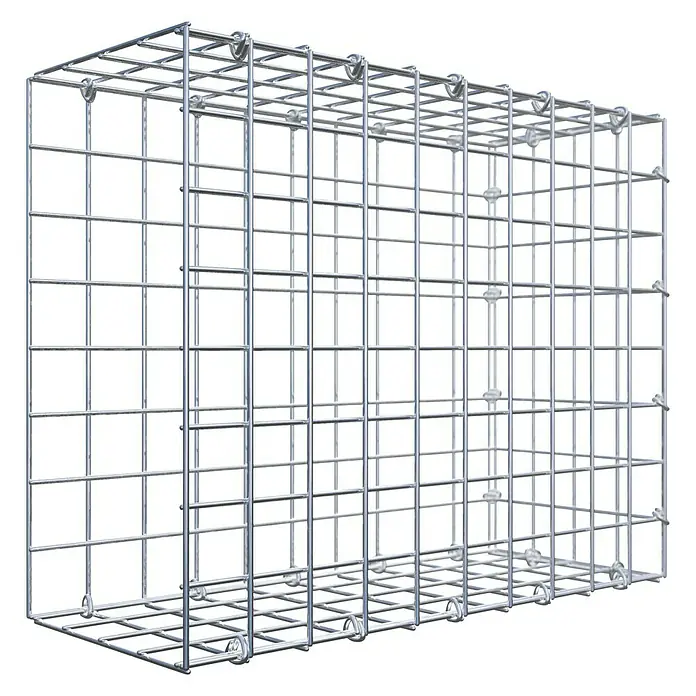 Gabiona Gabione Typ 2 - Zum Anbau in der Länge, 50 x 20 x 40 cm, Stahl, Maschenbreite: 50 mm, Maschenhöhe: 50 mm, C-Ring - Nahaufnahme eines Gabionenkorbs aus Drahtgeflecht, ideal für Landschaftsbau und Erosionsschutz mit seiner robusten Konstruktion.