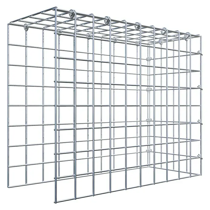 Gabiona Gabione Typ 4 - Zum Anbau in Länge & Höhe, 50 x 20 x 40 cm, Stahl, Maschenbreite: 50 mm, Maschenhöhe: 50 mm, C-Ring - Ansicht eines Gabionenkorbs aus Stahldrahtgeflecht. Der Gabionenkorb ist leer und dient als Stützmauer oder dekoratives Element im Garten.