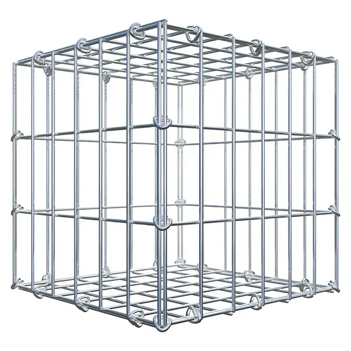 Gabiona Gabione - 30 x 30 x 30 cm, Stahl, Maschenbreite: 50 mm, Maschenhöhe: 100 mm, C-Ring - Das Bild zeigt einen Gabionenkorb aus verzinktem Draht, ideal für Gartenbau und Landschaftsgestaltung. Der Korb bietet Stabilität und Flexibilität.