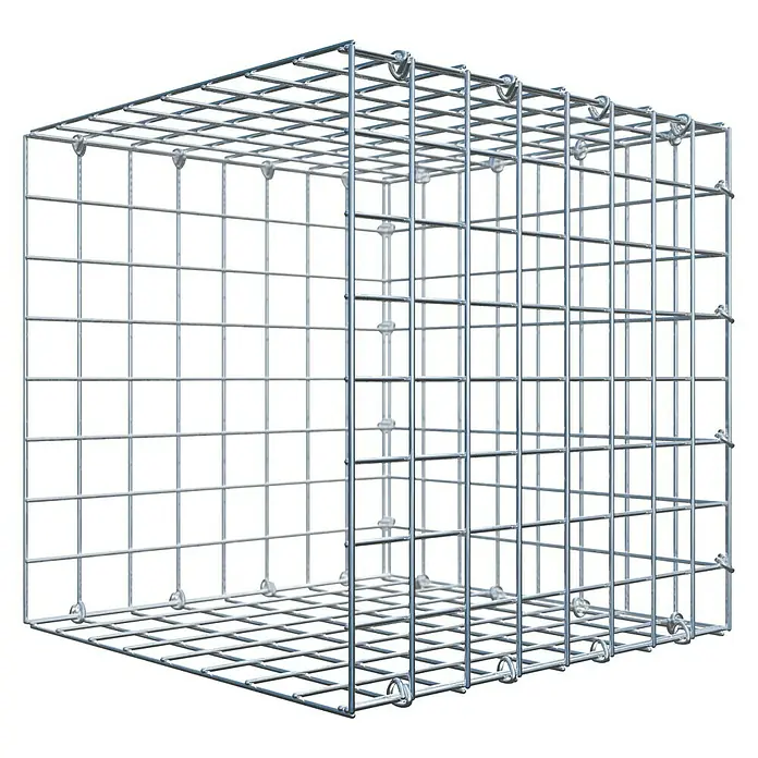 Gabiona Gabione Typ 2 - Zum Anbau in der Länge, 40 x 40 x 40 cm, Stahl, Maschenbreite: 50 mm, Maschenhöhe: 50 mm, C-Ring - Ein detailliertes Bild eines Gabionenkorbs, der die robuste Bauweise und das Gitterdesign hervorhebt. Ideal für Garten- und Landschaftsbauprojekte.
