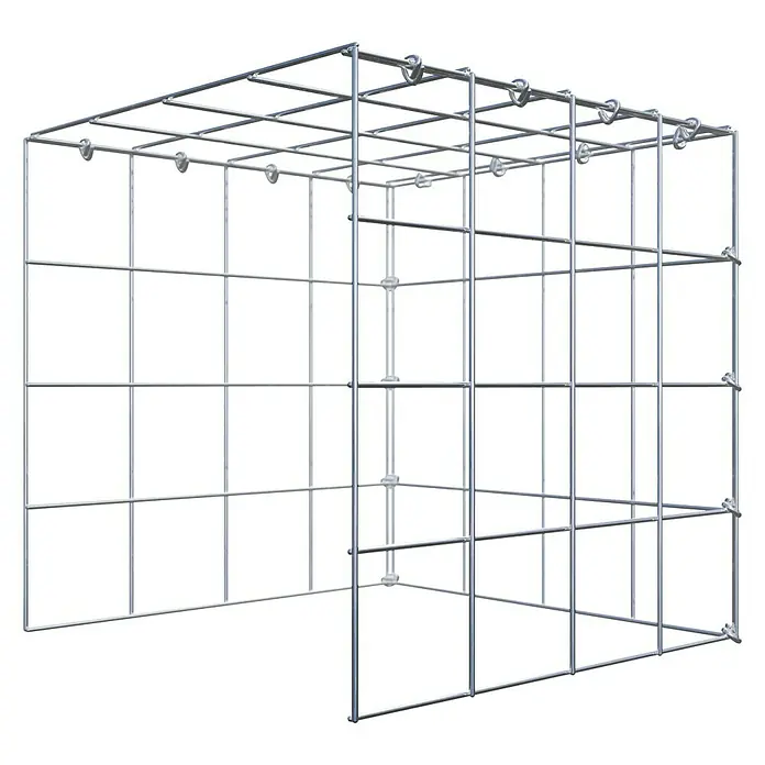 Gabiona Gabione Typ 4 - Zum Anbau in Länge & Höhe, 40 x 40 x 40 cm, Stahl, Maschenbreite: 100 mm, Maschenhöhe: 100 mm, C-Ring - Nahaufnahme eines Gabionenkäfigs mit Metallgitterstruktur. Ideal für Gartenbau und Landschaftsgestaltung.