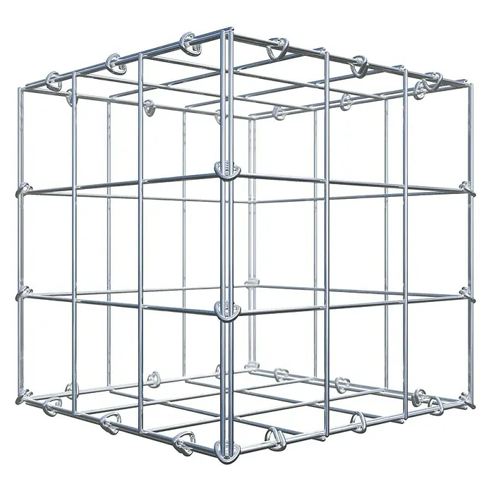 Gabiona Gabione - 30 x 30 x 30 cm, Stahl, Maschenbreite: 100 mm, Maschenhöhe: 100 mm, C-Ring - Ein detailliertes Bild eines dreidimensionalen Würfelrahmens aus glänzenden Metallstäben, verbunden durch robuste Metallknoten.