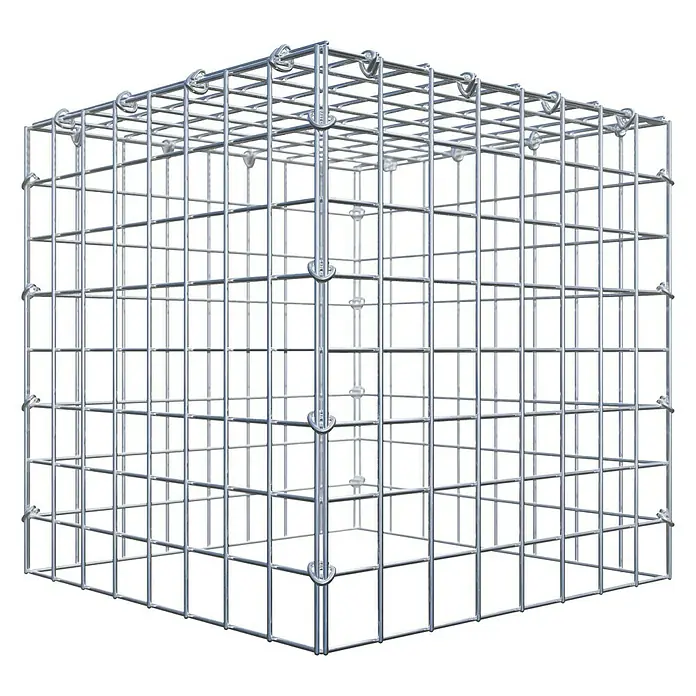 Gabiona Gabione Typ 3 - Zum Anbau in der Höhe, 40 x 40 x 40 cm, Stahl, Maschenbreite: 50 mm, Maschenhöhe: 50 mm, C-Ring - Abbildung eines Gabionen-Käfigs aus verzinktem Draht, ideal für Gartenbau und Landschaftsgestaltung, mit soliden Verbindungsstücken für Stabilität.