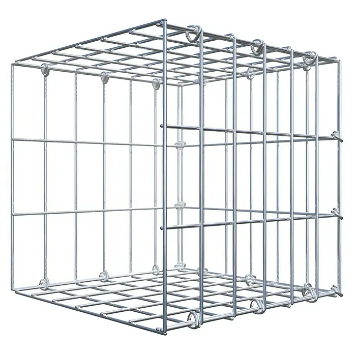 Gabiona Gabione Typ 2 - Zum Anbau in der Länge, 30 x 30 x 30 cm, Stahl, Maschenbreite: 50 mm, Maschenhöhe: 100 mm, C-Ring - Ein detailliertes Bild eines Gabionenkorbs. Dieser Metallkorb ist ideal für den Einsatz im Garten- und Landschaftsbau.