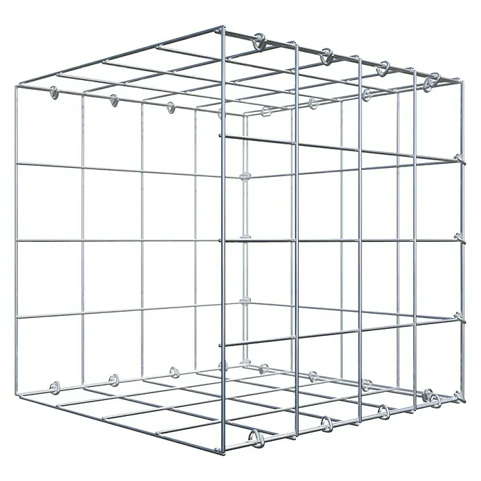 Gabiona Gabione Typ 2 - Zum Anbau in der Länge, 40 x 40 x 40 cm, Stahl, Maschenbreite: 100 mm, Maschenhöhe: 100 mm, C-Ring - Abbildung eines Gabionenkorbs, der als Stützmauer oder zur Gartengestaltung verwendet wird. Der Korb ist aus starkem Draht gefertigt und bietet Stabilität.