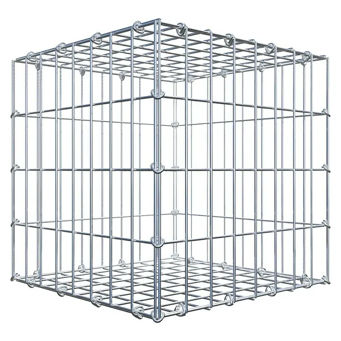 Gabiona Gabione - 40 x 40 x 40 cm, Stahl, Maschenbreite: 50 mm, Maschenhöhe: 100 mm, C-Ring - Ein detailliertes Bild eines leeren Gabionenkäfigs aus Drahtgeflecht, der Stabilität und Vielseitigkeit für verschiedene Anwendungen bietet.