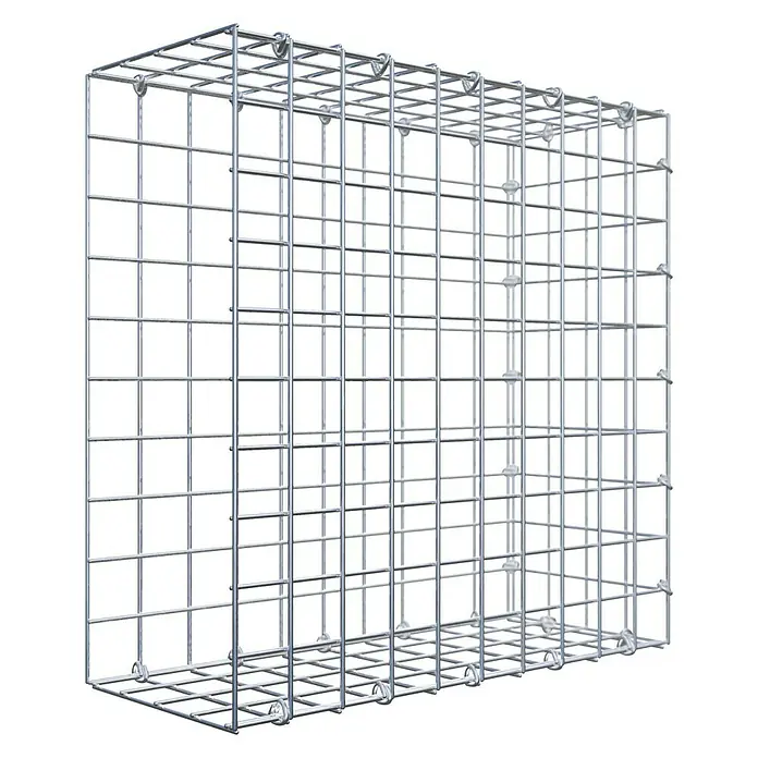Gabiona Gabione Typ 2 - Zum Anbau in der Länge, 50 x 20 x 50 cm, Stahl, Maschenbreite: 50 mm, Maschenhöhe: 50 mm, C-Ring - Abbildung eines Gabionenkorbs aus Drahtgeflecht, leer und bereit zur Befüllung mit Steinen. Ideal für Gartenbau und Landschaftsgestaltung.