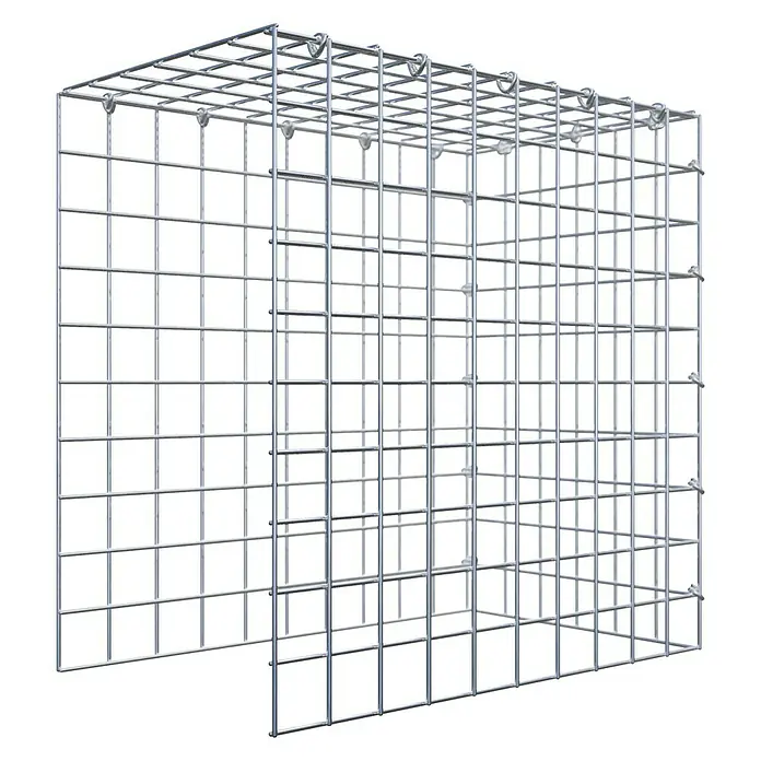 Gabiona Gabione Typ 4 - Zum Anbau in Länge & Höhe, 50 x 30 x 50 cm, Stahl, Maschenbreite: 50 mm, Maschenhöhe: 50 mm, C-Ring - Ein rechteckiger Gabionenkorb aus silbrigem Drahtgitter mit quadratischen Maschen. Ein robustes, modernes Element für den Außenbereich.