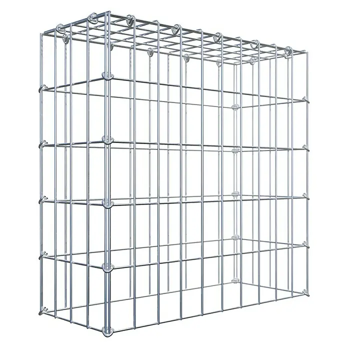 Gabiona Gabione Typ 3 - Zum Anbau in der Höhe, 50 x 20 x 50 cm, Stahl, Maschenbreite: 50 mm, Maschenhöhe: 100 mm, C-Ring - Ein Drahtgitterkorb, ideal für den Gartenbau oder zur Befestigung von Steinen, dargestellt vor einem schwarzen Hintergrund.