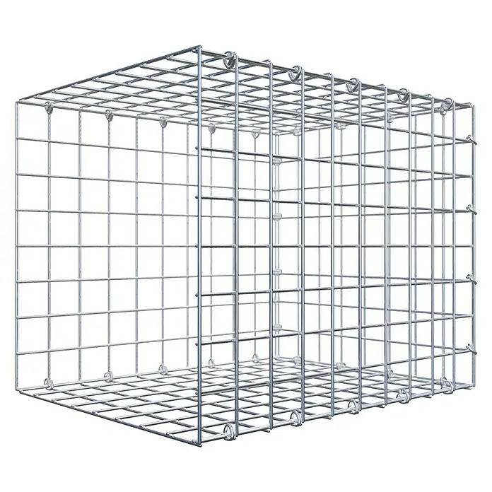 Gabiona Gabione Typ 2 - Zum Anbau in der Länge, 50 x 40 x 40 cm, Stahl, Maschenbreite: 50 mm, Maschenhöhe: 50 mm, C-Ring - Nahaufnahme eines Gabionenkorbs aus silberfarbenem Drahtgitter, der eine stabile und vielseitige Lösung für Bau- und Gartengestaltung bietet.