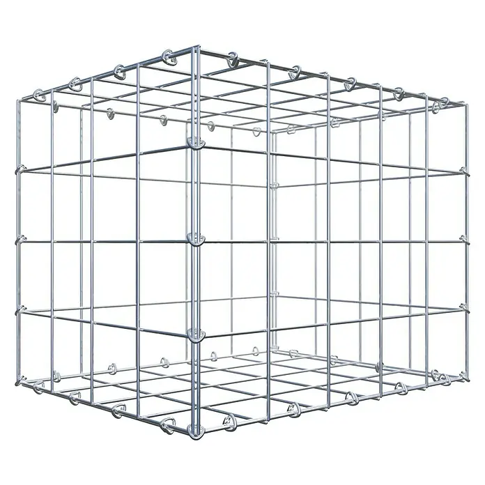 Gabiona Gabione - 50 x 40 x 40 cm, Stahl, Maschenbreite: 100 mm, Maschenhöhe: 100 mm, C-Ring - Detailaufnahme eines Gabionenkäfigs, der durch seine silberne Gitterstruktur und robuste Bauweise überzeugt. Ideal zur Steingartengestaltung.