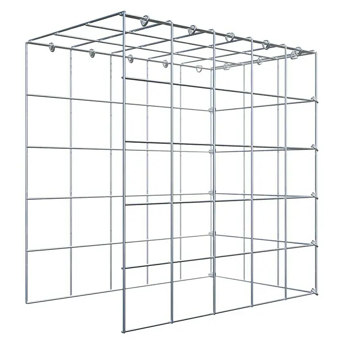 Gabiona Gabione Typ 4 - Zum Anbau in Länge & Höhe, 50 x 30 x 50 cm, Stahl, Maschenbreite: 100 mm, Maschenhöhe: 100 mm, C-Ring - Eine Metallgitterstruktur, die sich ideal für modulare Regalsysteme oder den Bau eines robusten Käfigs eignet, steht im Fokus.