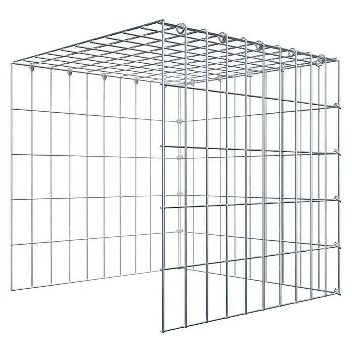 Gabiona Gabione Typ 4 - Zum Anbau in Länge & Höhe, 50 x 50 x 50 cm, Stahl, Maschenbreite: 50 mm, Maschenhöhe: 100 mm, C-Ring - Bild eines Gabionenkorbs, einer Drahtstruktur zur Befüllung mit Steinen oder anderen Materialien, ideal für Garten- und Landschaftsbau.
