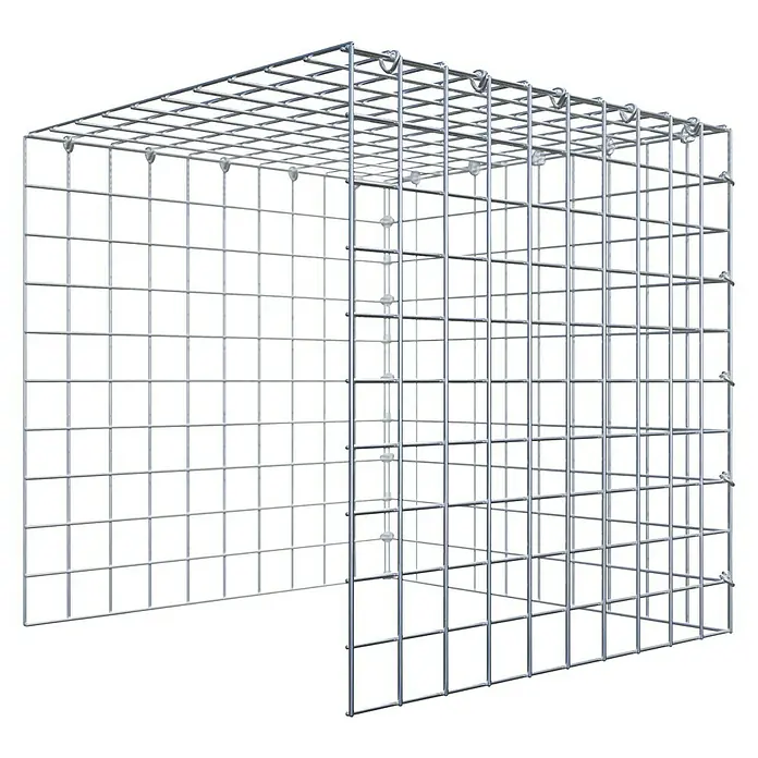 Gabiona Gabione Typ 4 - Zum Anbau in Länge & Höhe, 50 x 50 x 50 cm, Stahl, Maschenbreite: 50 mm, Maschenhöhe: 50 mm, C-Ring - Ein detailliertes Bild eines Gabionenkorbes, der durch sein Drahtgitterdesign und seine robuste Konstruktion besticht. Ideal für den Gartenbau.