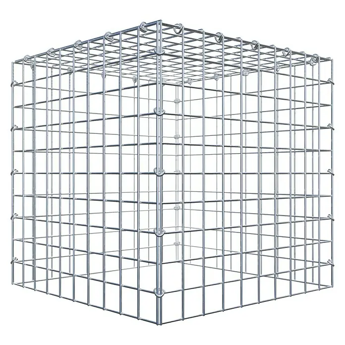 Gabiona Gabione Typ 3 - Zum Anbau in der Höhe, 50 x 50 x 50 cm, Stahl, Maschenbreite: 50 mm, Maschenhöhe: 50 mm, C-Ring - Draufsicht auf einen Gabionenkorb aus silbernem Metall mit quadratischen Maschen, der Stabilität und moderne Ästhetik vereint.