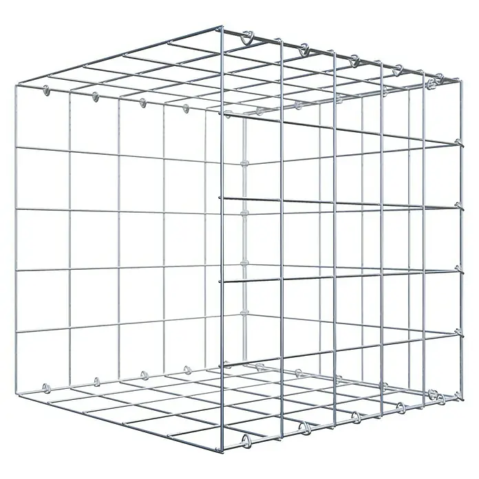 Gabiona Gabione Typ 2 - Zum Anbau in der Länge, 50 x 50 x 50 cm, Stahl, Maschenbreite: 100 mm, Maschenhöhe: 100 mm, C-Ring - Ansicht eines leeren Gabionenkorbs aus verzinktem Draht. Die Gabione hat eine rechteckige Form und ein Rastermuster.