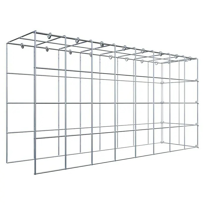 Gabiona Gabione Typ 4 - Zum Anbau in Länge & Höhe, 80 x 20 x 40 cm, Stahl, Maschenbreite: 100 mm, Maschenhöhe: 100 mm, C-Ring - Ein rechteckiger, metallischer Käfig mit quadratischen Öffnungen, der eine robuste und strukturierte Lösung bietet. Ideal für eine Vielzahl von Anwendungen.