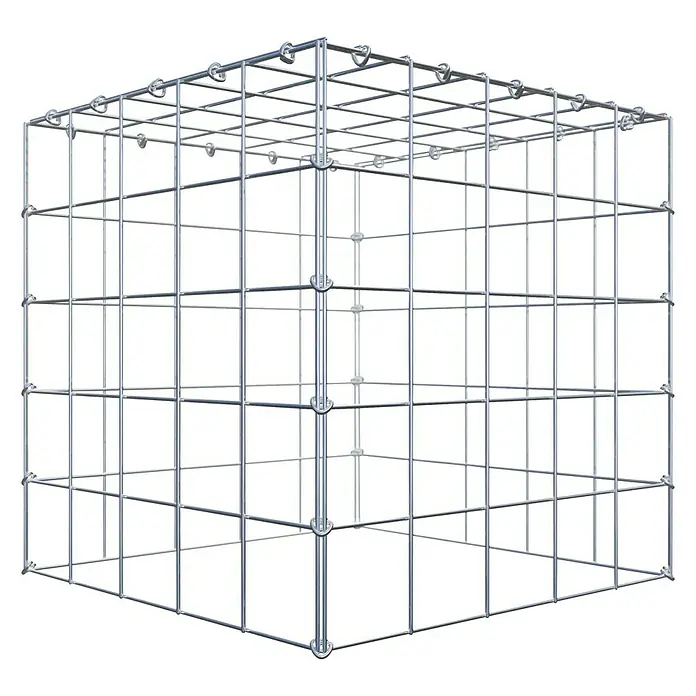 Gabiona Gabione Typ 3 - Zum Anbau in der Höhe, 50 x 50 x 50 cm, Stahl, Maschenbreite: 100 mm, Maschenhöhe: 100 mm, C-Ring - Ein detailliertes Bild eines Gabionenkorbs, der eine robuste und vielseitige Struktur für verschiedene Anwendungen im Außenbereich bietet.