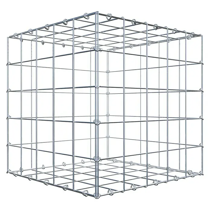 Gabiona Gabione - 50 x 50 x 50 cm, Stahl, Maschenbreite: 100 mm, Maschenhöhe: 100 mm, C-Ring - Produktabbildung eines Würfel-Drahtgitterkorbs, ideal zur dekorativen Aufbewahrung und Präsentation von Objekten mit industriellem Charme.