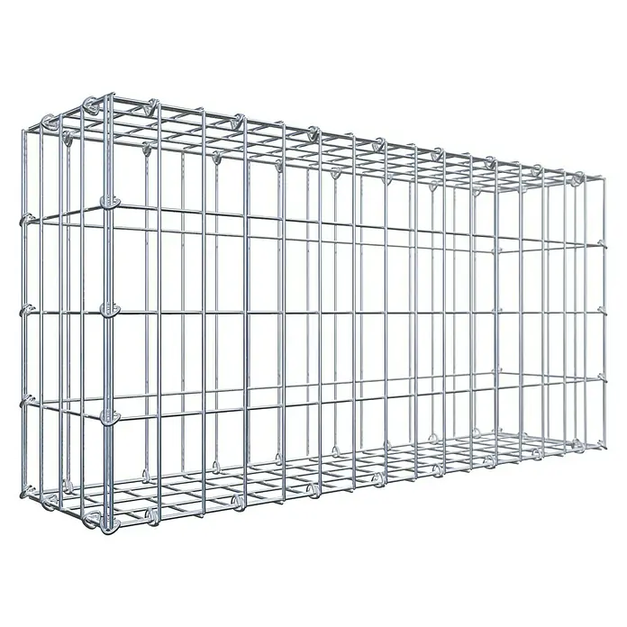 Gabiona Gabione - 80 x 20 x 40 cm, Stahl, Maschenbreite: 50 mm, Maschenhöhe: 100 mm, C-Ring - Draufsicht eines leeren Gabionenkäfigs aus verzinktem Draht, ideal für Landschaftsbau und Erosionsschutz, vor schwarzem Hintergrund.