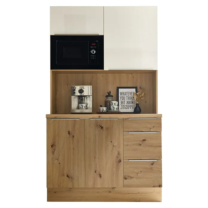 BAUHAUS Buffetschrank Sandra - Breite: 120 cm, Weiß, Dekor Korpus: Artisan Eiche, Ausstattung: Mikrowelle - Eine Küchenschrankkombination mit Mikrowelle und Kaffeestation, die Funktionalität und Stil vereint. Die helle Holzoptik sorgt für Wärme in jeder Küche.