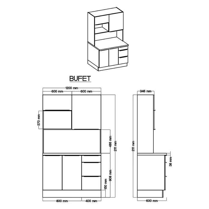 BAUHAUS Buffetschrank Sandra - Breite: 120 cm, Weiß, Dekor Korpus: Weiß, Ausstattung: Mikrowelle - Abbildung eines Buffetschranks mit detaillierten Maßangaben für Design und Planung, ideal für Küchen- und Esszimmergestaltung.