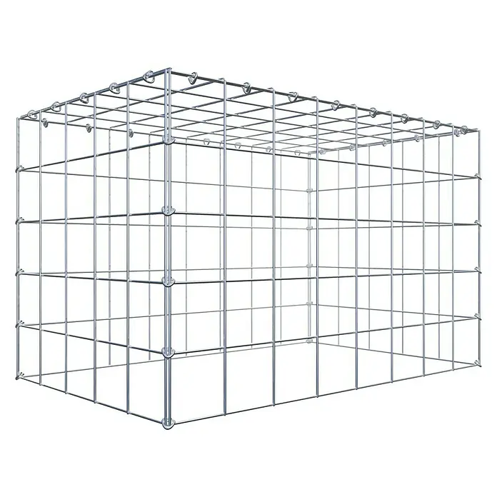 Gabiona Gabione Typ 3 - Zum Anbau in der Höhe, 80 x 50 x 50 cm, Stahl, Maschenbreite: 100 mm, Maschenhöhe: 100 mm, C-Ring - Ansicht eines Gabionenkorbs, einer Drahtgitterstruktur zur Verwendung in der Landschaftsgestaltung und im Bauwesen.