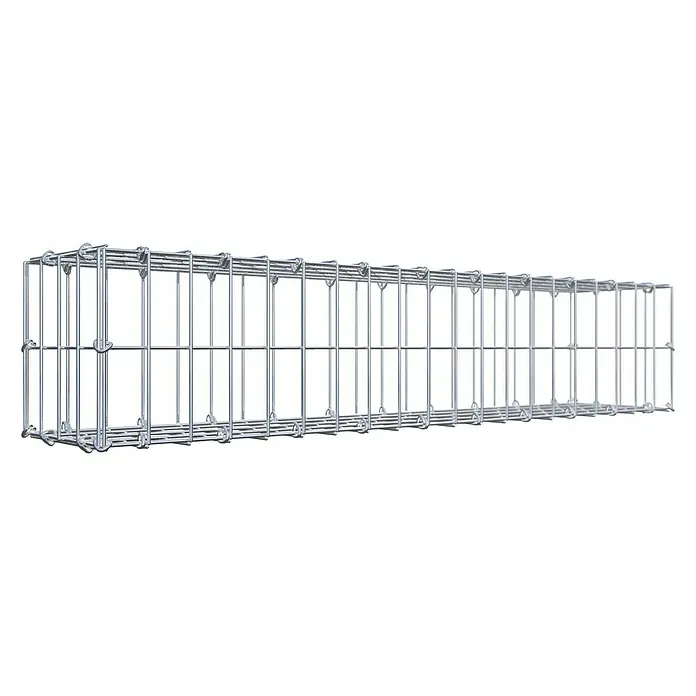 Gabiona Gabione - 100 x 20 x 20 cm, Stahl, Maschenbreite: 50 mm, Maschenhöhe: 100 mm - Ein langes, quaderförmiges Gabionen-Drahtgitter ist auf schwarzem Hintergrund dargestellt. Es bietet durch seine Struktur Stabilität und Flexibilität.