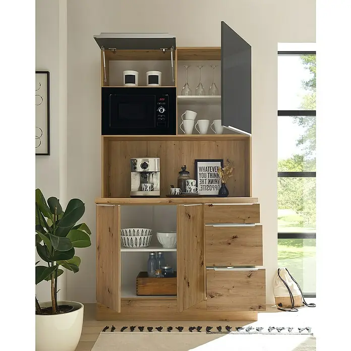 BAUHAUS Buffetschrank Sandra - Breite: 120 cm, Grau, Dekor Korpus: Artisan Eiche, Ausstattung: Mikrowelle - Ein hoher Holzschrank mit Fächern, Schubladen und einer Mikrowelle integriert, ideal für die Küche oder das Esszimmer.