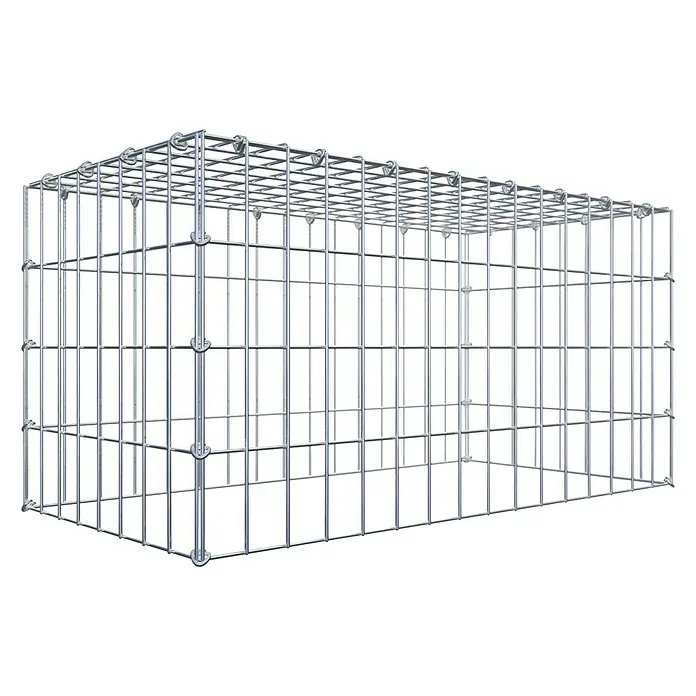 Gabiona Gabione Typ 3 - Zum Anbau in der Höhe, 80 x 40 x 40 cm, Maschenbreite: 50 mm, Maschenhöhe: 100 mm, C-Ring - Ansicht eines rechteckigen Gabionenkorbs aus galvanisiertem Draht. Er ist leer und auf einem schwarzen Hintergrund dargestellt.