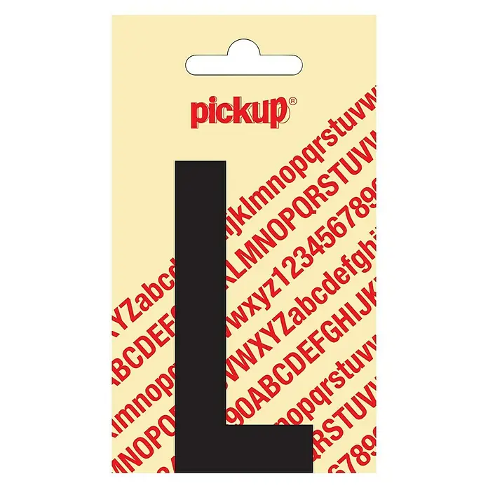 Pickup Aufkleber - Motiv: L, Schwarz, Höhe: 90 mm - Bild einer Verpackung mit einem schwarzen "L"-Aufkleber, umgeben von Buchstaben und Zahlen. Ideal zur Personalisierung!