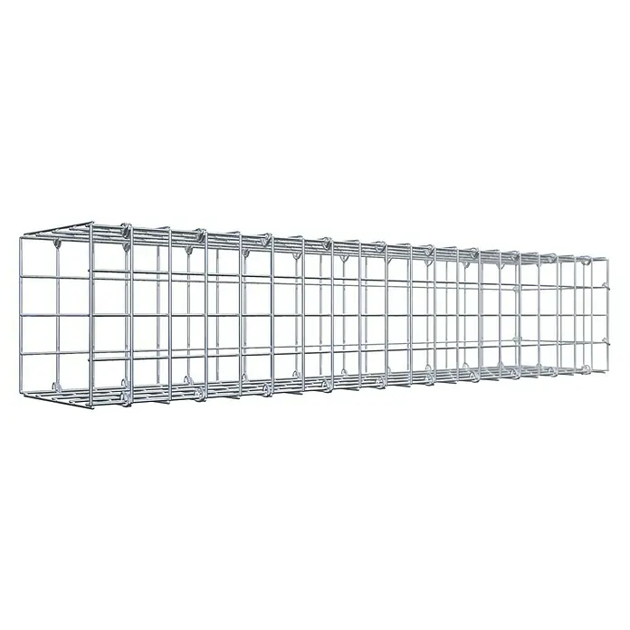 Gabiona Gabione Typ 2 - Zum Anbau in der Länge, 100 x 20 x 20 cm, Stahl, Maschenbreite: 50 mm, Maschenhöhe: 50 mm, C-Ring - Ein langes, quaderförmiges Gabionen-Element aus silberfarbenem Drahtgitter, ideal für den Garten- und Landschaftsbau.