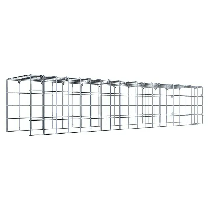Gabiona Gabione Typ 4 - Zum Anbau in Länge & Höhe, 100 x 20 x 20 cm, Stahl, Maschenbreite: 50 mm, Maschenhöhe: 50 mm, C-Ring - Darstellung eines Gabionenkorbs. Das Produkt ist aus Metalldraht gefertigt und bietet eine stabile Struktur zur Befüllung mit Steinen.