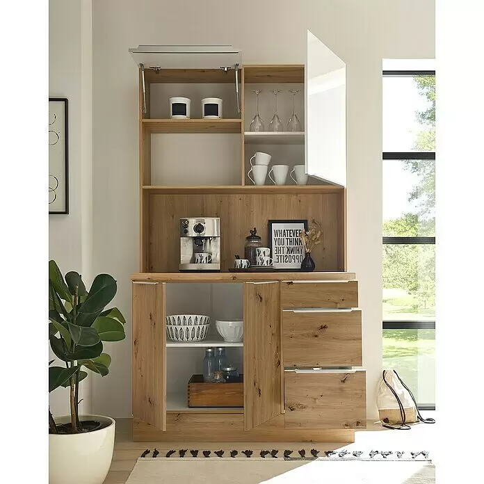 BAUHAUS Buffetschrank Sandra - Breite: 120 cm, Weiß Hochglanz, Dekor Korpus: Artisan Eiche - Stimmungsaufnahme