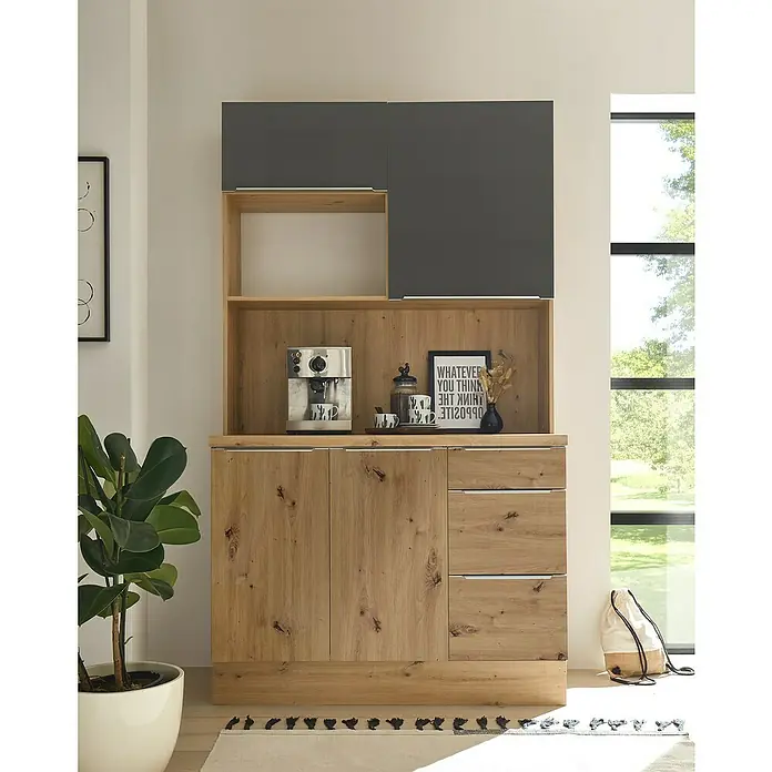 BAUHAUS Buffetschrank SandraBreite: 120 cm, Grau matt, Dekor Korpus: Artisan Eiche - Stilvoller Küchenschrank mit Holzstruktur, grauem Hängeschrank und praktischen Schubladen für eine moderne Kücheneinrichtung.