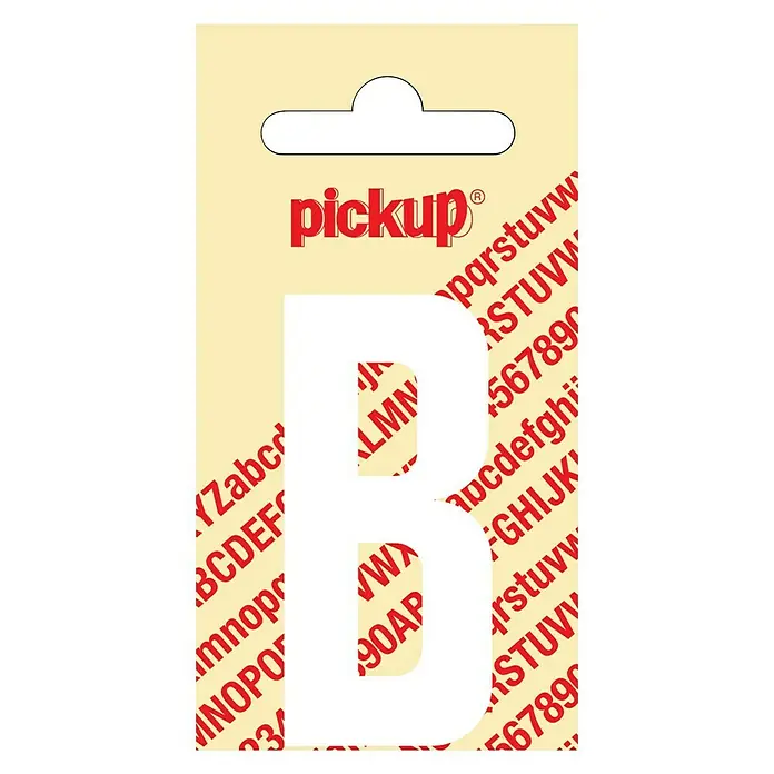 Pickup Aufkleber - Motiv: B, Weiß, Höhe: 60 mm - Ein einzelner, großer, weißer Aufkleber in Form des Buchstabens "B" von Pickup, verpackt auf beigem Karton mit roten Schriftzügen.