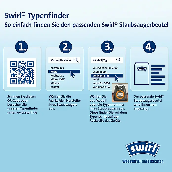 Swirl Staubsaugerbeutel Y 30 EcoPor - 4 Stk., Passend für: Staubsauger von Clatronix/LG Electronics/Rowenta - Swirl® Typenfinder: So finden Sie den passenden Swirl® Staubsaugerbeutel in 4 einfachen Schritten. Scannen, Marke wählen, Modell bestimmen und Ergebnis sehen.