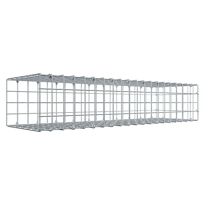 Gabiona Gabione Typ 2 - Zum Anbau in der Länge, 100 x 30 x 20 cm, Stahl, Maschenbreite: 50 mm, Maschenhöhe: 50 mm, C-Ring - Ein rechteckiger, silberner Kabelkanal aus Metallgitter, der sich ideal für die Organisation und Führung von Kabeln eignet.