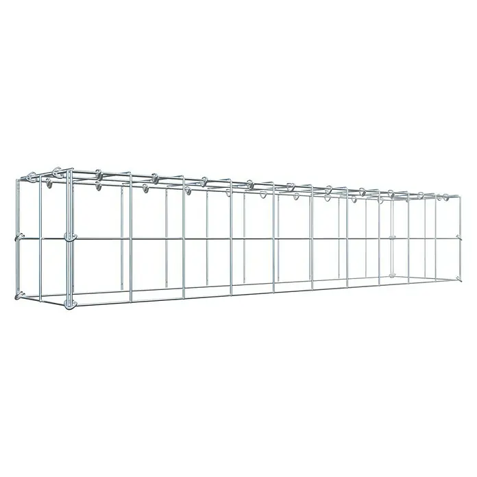 Gabiona Gabione Typ 3 - Zum Anbau in der Höhe, 100 x 20 x 20 cm, Stahl, Maschenbreite: 100 mm, Maschenhöhe: 100 mm, C-Ring - Ein länglicher, quaderförmiger Gabionenkorb aus silbernem Drahtgitter auf schwarzem Hintergrund. Ideal für den Gartenbau.