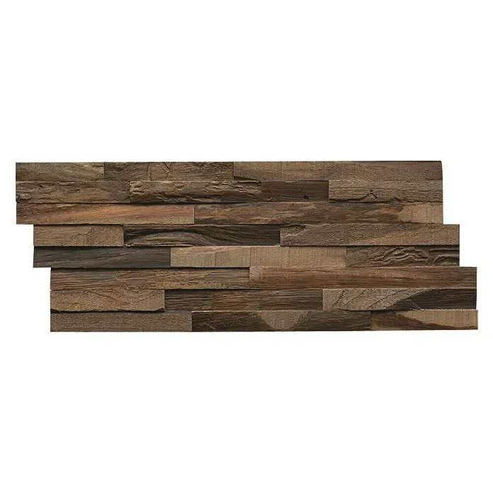 Indo Wandpaneel 3D Wall Elegance Charred - Teak, 500 x 200 x 10 mm, 1 m² - Holzpaneel zur Wandverkleidung. Das Paneel besteht aus verschiedenen Holzstücken in Brauntönen und sorgt für ein rustikales Ambiente.