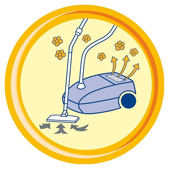 Swirl Staubsauger-Duftstick - Citrus - Illustration eines Staubsaugers mit Blumen, die darauf hindeuten, dass er Staub und Allergene effektiv entfernt und für eine saubere und frische Umgebung sorgt.