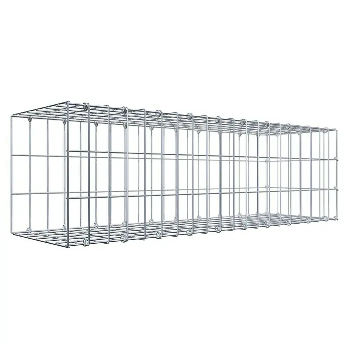 Gabiona Gabione Typ 2 - Zum Anbau in der Länge, 100 x 30 x 30 cm, Stahl, Maschenbreite: 50 mm, Maschenhöhe: 100 mm, C-Ring - Das Bild zeigt eine Gabione, einen Drahtkorb, der oft im Garten- und Landschaftsbau verwendet wird, um Steine oder andere Materialien zu halten.