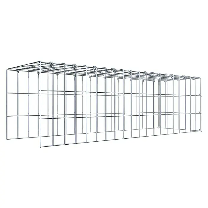 Gabiona Gabione Typ 4 - Zum Anbau in Länge & Höhe, 100 x 30 x 30 cm, Stahl, Maschenbreite: 50 mm, Maschenhöhe: 100 mm, C-Ring - Ansicht eines leeren Gabionenkäfigs, hergestellt aus einem robusten, silberfarbenen Drahtgitter, ideal für Landschaftsbauprojekte.